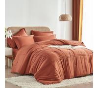 Yogeneg King Size Comforter Set 7 Piece Bed in a Bag,Grid Pinch Pleat Terracotta Bedding Set,Striped Textured Soft Microfiber Comforter with Sheet Set,All Season Complete Bed Set(Terracotta,King)
