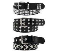 YOGEYOGE Black Studded Belt, 3 Pcs Y2K Belt Star Goth Punk Rock Double Grommet with Bright Pyramid Studded for Women Men, Black, for 31 inch -38 inch
