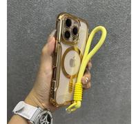 YOGISU For iPhone 14 PlusBlade Mecha Soft Tpu Plating Case Transparent Wrist Strap Cover(For iPhone 14 Plus/Gold GS)