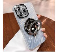 YOGISU For iPhone 16 PlusLuxury Mirror Magnetic Holder Phone Case Water Ripple Shockroof Glitter Cover(For iPhone 16 Plus/Silver)