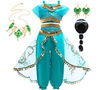 YOGLY Jasmine Princess Dress Girls Cosplay Kids Aladdin Dance Short Top and Pants with Wig Necklace Earring Fancy Dress up Halloween Christmas Carnival Masquerade Party Costume 3-9 Years