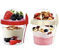 Yogurt Cup & Spoon 500Ml Reusable Breakfast Pots Muesli Cup With Lid Cereal & Snack Overnight Oats Dishwasher Safe Lunch Box Oatmeal Jars Travel Food Container (Set of 2 Red, Cream)