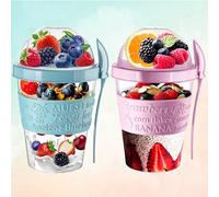 Yogurt Pots Reusable 20 Oz Overnight Oats Container with Lid & Spoon BPA free Breakfast Pots to GO Cereal On the Go Dishwasher Safe Lunch Oatmeal Jars (Set of 2 (Marble Blue + Lilac Pink))