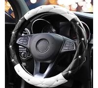 YOGURTCK Cute Diamond Soft Leather Anti-Slip Steering Wheel Cover with Bling Bling Crystal Rhinestones, Universal 15 Inch for Women Girls, Fit Vehicles, Sedans, SUVs, Vans, Trucks - Black and White