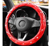 YOGURTCK Cute Diamond Soft Leather Anti-Slip Steering Wheel Cover with Bling Bling Crystal Rhinestones, Universal 15 Inch for Women Girls, Fit Vehicles, Sedans, SUVs, Vans, Trucks - Red