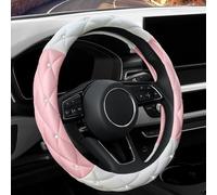 YOGURTCK Cute Diamond Soft Leather Steering Wheel Cover with Bling Bling Crystal Rhinestones, Universal 15 Inch for Women Girls, Fit Vehicles, Sedans, SUVs, Vans, Trucks - Light Pink and White