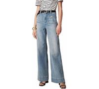YOHFRFGX Tummy Control Sailor Wide Leg Trouser, High Waisted Casual Straight Leg Jeans Buttoned Denim Pants with Pocket (Light BluePetite,S)