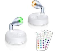 Yohiioyo RGB Wireless LED Spotlight, White 2 Pack | Battery Operated Mini Puck Light, Dimmable Uplight with Remote with Rotatable Head for Wall Art Painting Tree