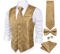 YOHOWA Men's 6-Piece Waistcoat Set with Tie Pocket Square Cufflinks and Pin Paisley Flower V-Neck in Silk Perfect for Formal or Casual Occasions