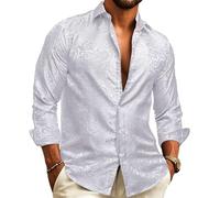 YOHOWA Men's Silk Dress Shirts Long Sleeve Paisley Jacquard Button Down Western Designer Classic Shirt Party White Flower S