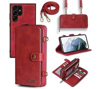 Yohryi Crossbody Wallet Case for Samsung Galaxy S24 Ultra/S24 Plus/S24, PU Leather Flip Cover Zipper Purse Card Holder Magnetic Detachable Shockproof Case with Shoulder Strap,Red,S24 Plus