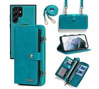 Yohryi Crossbody Wallet Case for Samsung Galaxy S24 Ultra/S24 Plus/S24, PU Leather Flip Cover Zipper Purse Card Holder Magnetic Detachable Shockproof Case with Shoulder Strap,Cyan,S24 Plus