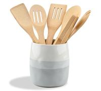 YoHyien Ceramic Kitchen Utensil Holder, Cooking Utensils Pot for Countertop Organisation, Cutlery Storage Jar for Spoons, Spatulas, Tableware, Cream and Grey Layered Design (L)