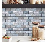 Yoillione 10 Sheets Self Adhesive Wall Tiles for Kitchen Backsplash, Vinyl 3D Stick on Blue Brick Stickers for Bathroom, Waterproof Subway Tile Transfers