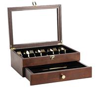 Yoimori Premium Silverware Organizer with Glass Lid, 2-Layer Solid Wood Silverware Storage Box with Drawer, Flatware Storage Box, Decorative Home&Restaurant Decor, 14.5×10.6 Inches (Walnut)