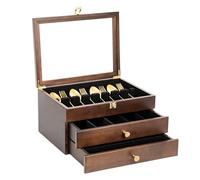 Yoimori Silverware Box, 3-Layer Wooden Silverware Storage Box with Glass Lid, 14.5×10.6 Inches Luxury Style Decor Flatware Storage Case for Fine Flatware & Utensils, Gift Idea (Walnut)