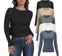 YOIOWVY 5 Pack Women’s Long Sleeve Tops Essential Shirts Slim Fit Stretch Crew Neck Breathable Layering Tees for Women Workwear Underscrubs