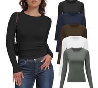 YOIOWVY 5 Pack Women’s Long Sleeve Tops Essential Shirts Slim Fit Stretch Crew Neck Breathable Layering Tees for Women Workwear Underscrubs