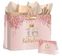 Yoirrat 16th Birthday Gift Bag with Tissue Paper & Greeting Card Large Rose Gold Pink Glitter Sweet 16 & Fabulous Bday Party Supplies Decorations Favors for Girls Daughter Niece Bestie Granddaughter