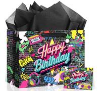 Yoirrat Graffiti 80's 90's Birthday Gift Bag Retro Hip Hop Birthday Party Decorations Rock Hippie Gift Wrapping Paper Bag with Greeting Card for 1980s 1990s Hip Hop Party Neon Party Favor Supplies