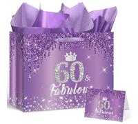 Yoirrat Purple Silver 60th Birthday Gift Bag for Women 60 & Fabulous Large Purple Happy 60th Birthday Gift Bag with Wrapping Paper and Card for 60th Bday Decorations Party Supplies