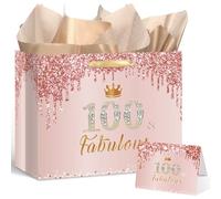 Yoirrat Rose Gold 100th Birthday Gift Bag for Women 100 & Fabulous Large Pink Happy 100th Birthday Gift Bag with Wrapping Paper and Card for 100th Bday Decorations Party Supplies
