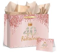 Yoirrat Rose Gold 40 and Fabulous 40th Birthday Gift Bag for Women Large Pink Happy 40th Birthday Gift Bag with Wrapping Paper and Card for 40th Forty Bday Decorations Party Supplies
