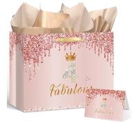 Yoirrat Rose Gold 4th Birthday Gift Bag for Girls - Large Pink Happy Birthday Gift Bag with Wrapping Paper and Card for Decorations Party Supplies