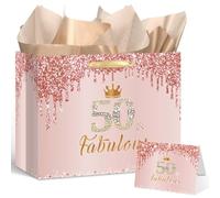 Yoirrat Rose Gold 50 and Fabulous 50th Birthday Gift Bag for Women Large Pink Happy 50th Birthday Gift Bag with Wrapping Paper and Card for 50th Fifty Bday Decorations Party Supplies