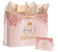 Yoirrat Rose Gold 60th Birthday Gift Bag for Women 60 & Fabulous Large Pink Happy 60th Birthday Gift Bag with Wrapping Paper and Card for 60th Bday Decorations Party Supplies