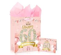 Yoirrat Rose Gold 60th Birthday Gift Bag for Women - Large Pink With Card and Wrapping Paper for Christmas Decorations Party Supplies