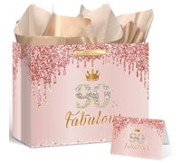 Yoirrat Rose Gold 90 Birthday Gift Bag for Women - Large Pink Happy 90th Birthday Gift Bag with Wrapping Paper and Card for Decorations Party Supplies