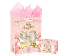 Yoirrat Rose Gold 90th Birthday Gift Bag for Women Large Pink Happy 90th Birthday Gift Bag with Happy 90th Birthday Card Wrapping Paper for 90th Birthday Christmas Decorations Party Supplies