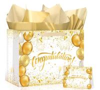 Yoirrat White Gold Graduation Gift Bag Congratulations Gift Bag with with Wrapping Paper and Greeting Card Appreciation Party Paper Bag Wrapping Bag