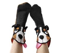 Yoisdtxc Adult Kids Novelty Warm Animal Knit Socks - Cartoon Style Patchwork Non-Slip Floor Socks (Black Dog Kids, One Size)