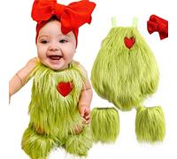 Yoisdtxc Baby Christmas Grinch Costume Heart Applique Halter Neck Sleeveless Romper+ Solid Color Bowknot Headband+ Leg Warmer (Green, 6-12 Months)