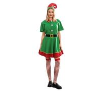Yoisdtxc Christmas Elf Costume for Parents and Child, Toddler Santa Costume, Short Sleeve Dress Pants with Hat, Belt and Socks (Women, S)