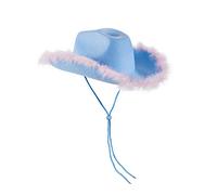 Yoisdtxc Cowboy Hat for Women, Pink Cowboy Hat with Fluffy Feather Brim, Cowgirl Fancy Dress Hats for Halloween, Carnival, Role Play, Cosplay, Birthday Party Accessory(Light Blue-2)