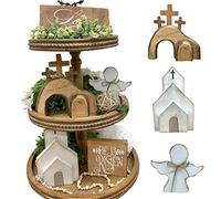Yoisdtxc Easter Tiered Tray Decor, Jesus Tomb Easter Tray Bundle Kit, Easter Resurrection Scene Wooden Ornaments, Easter Decoration for Home Church Farmhouse (Multicolor, 4PCS Set)