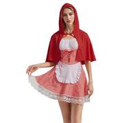 Yoisdtxc Halloween Miss Red Costume Fairytale Short Puff Sleeve Plaid Print Mini Corset Dress with Hooded Cape for Women (Red, XL)