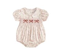 Yoisdtxc Infant Baby Girls Romper Bowknot Embroidered Floral Doll Collar Short Sleeve Jumpsuits Summer Clothes (A-Pink, 6-12 Months)