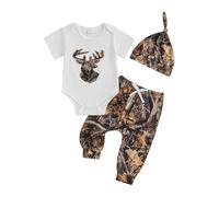 Yoisdtxc Newborn Baby Boy 3 Piece Hunting Clothes Deer Antler Print Romper Long Pant with Drawstring and Cute Hat Set (A-White, 3-6 Months)