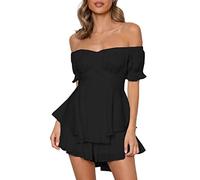 Yoisdtxc Off the Shoulder Rompers For Women Dressy Short Sleeve Romper Ruffle Layer Back Tie Mini Short Jumpsuits (Black, M)