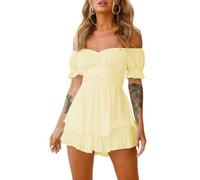 Yoisdtxc Off the Shoulder Rompers For Women Dressy Short Sleeve Romper Ruffle Layer Back Tie Mini Short Jumpsuits (Yellow, L)