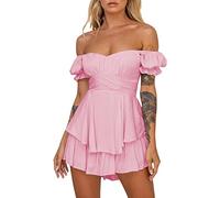 Yoisdtxc Off the Shoulder Rompers For Women Dressy Short Sleeve Romper Ruffle Layer Back Tie Mini Short Jumpsuits (Pink, L)