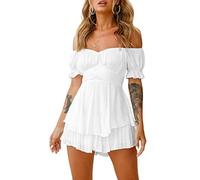 Yoisdtxc Off the Shoulder Rompers For Women Dressy Short Sleeve Romper Ruffle Layer Back Tie Mini Short Jumpsuits (White, M)