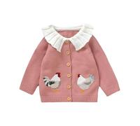 Yoisdtxc Toddler Baby Girl Cardigan Rooster Embroidery Doll Collar Long Sleeve Button Down Knit Jacket Fall Winter Clothes (A-Pink, 2-3 Years)