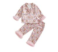 Yoisdtxc Toddler Baby Girl Easter Silk Satin Pajamas Feather Trim Rabbit Flower Print Long Sleeve Shirt Pants Pjs Sleepwear (A-Pink, 18-24 Months)