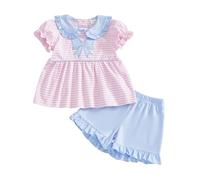 Yoisdtxc Toddler Girl 2 Piece Summer Set Short Sleeve Striped Dress Top with Bow and Ruffle Hem Short Cute Baby Outfit (A-Pink, 2-3T)