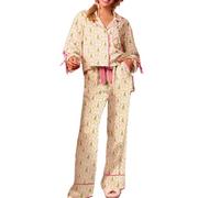 Yoisdtxc Women 2 Piece Christmas Pajamas Set Bow Tie Long Sleeve Button Shirts Ruffle Pants Cute Pjs Sets Sleepwear (A Yellow, M)